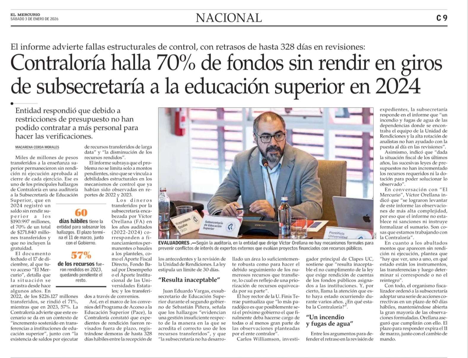 Página de El Mercurio que informa que Contraloría halló un 70 por ciento de fondos sin rendir en giros de la Subsecretaría de Educación Superior durante 2024.