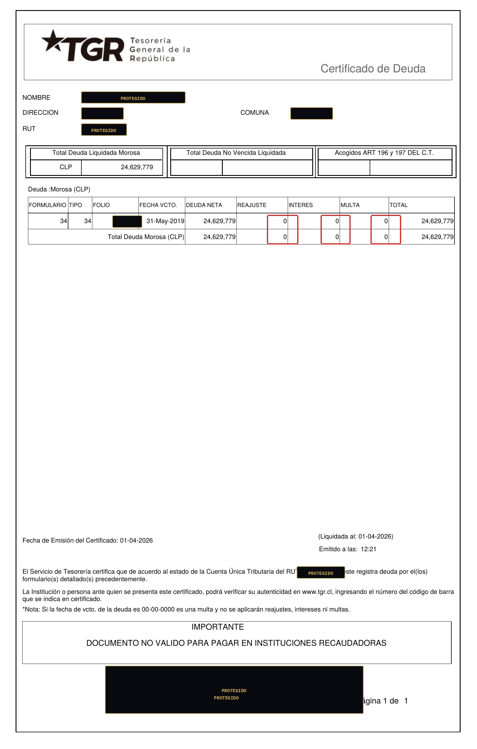 Certificado de deuda TGR con identidad protegida
