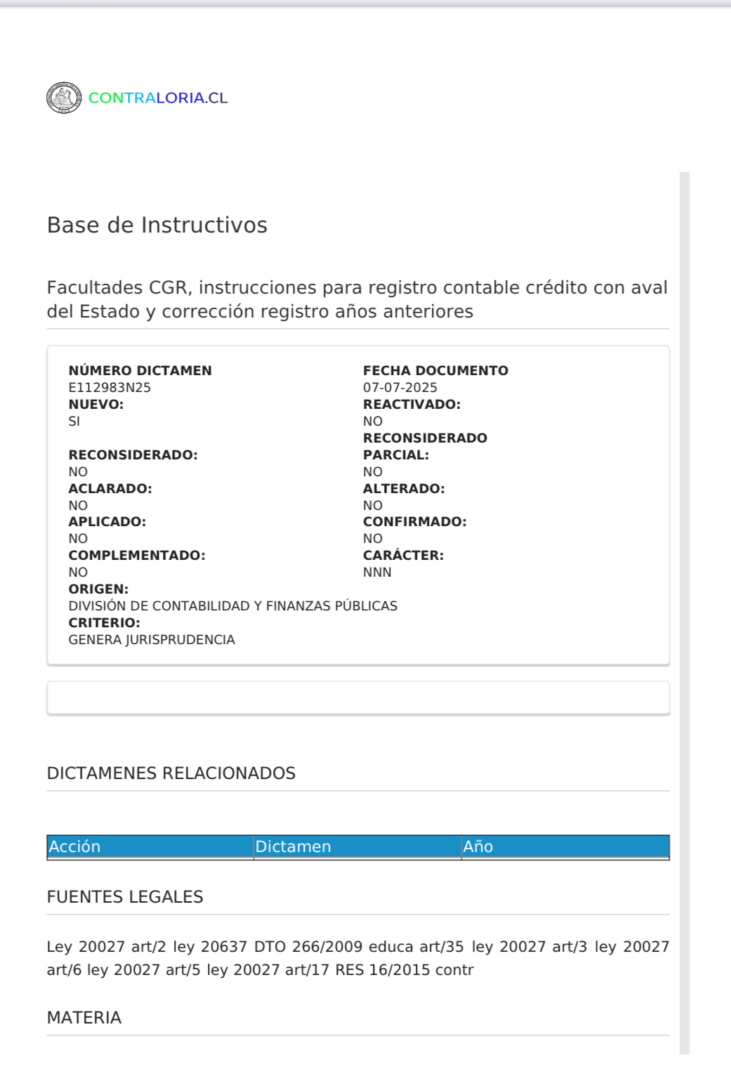 Ficha pública del Dictamen E112983N25 de Contraloría